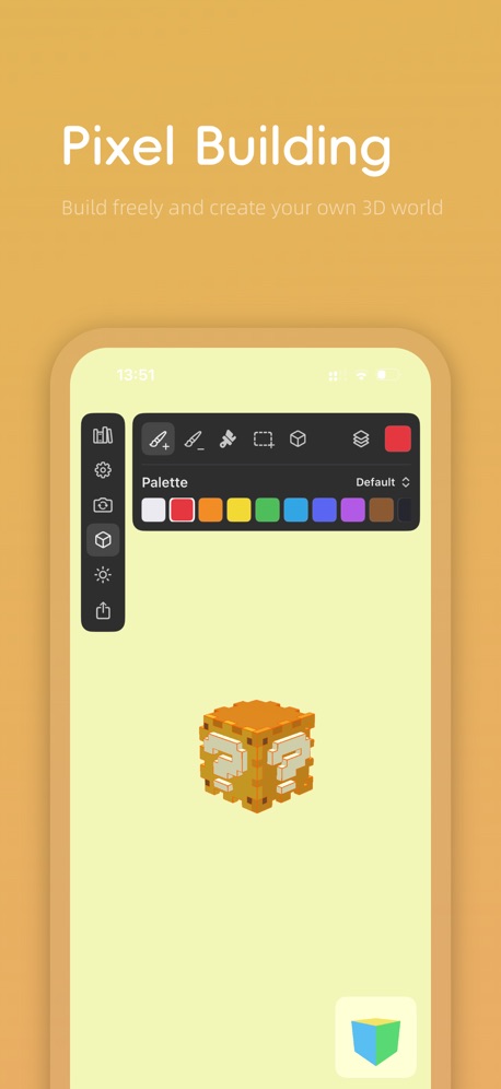 Sugrvoxel editor with a painted voxel cube, color palette, and build tools
