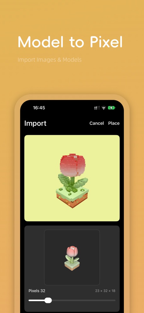 Import screen turning a flower model into an editable voxel, with a pixel-size slider