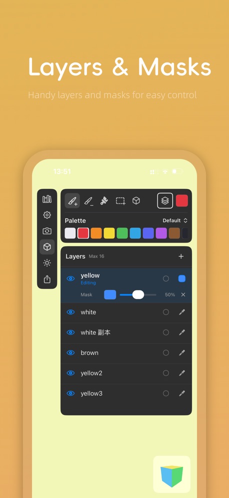 Layers panel with visibility toggles and a layer mask slider