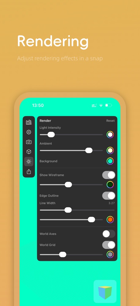 Render panel for light, wireframe, edge outline, world axes, and world grid