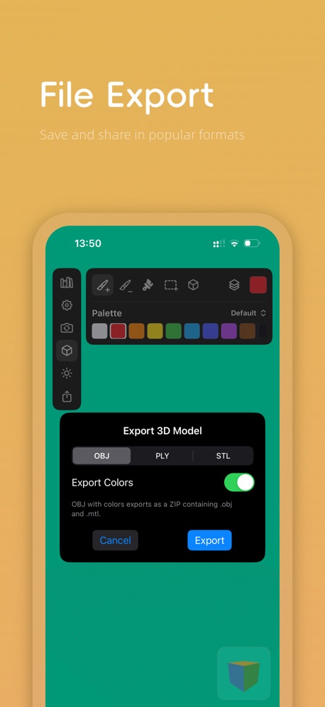 Export dialog for OBJ, PLY, and STL, including a color export option